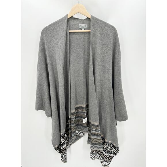 Joseph A Cardigan Women ONE SIZE Grey Open Front Border Print Knit Poncho - Picture 1 of 8